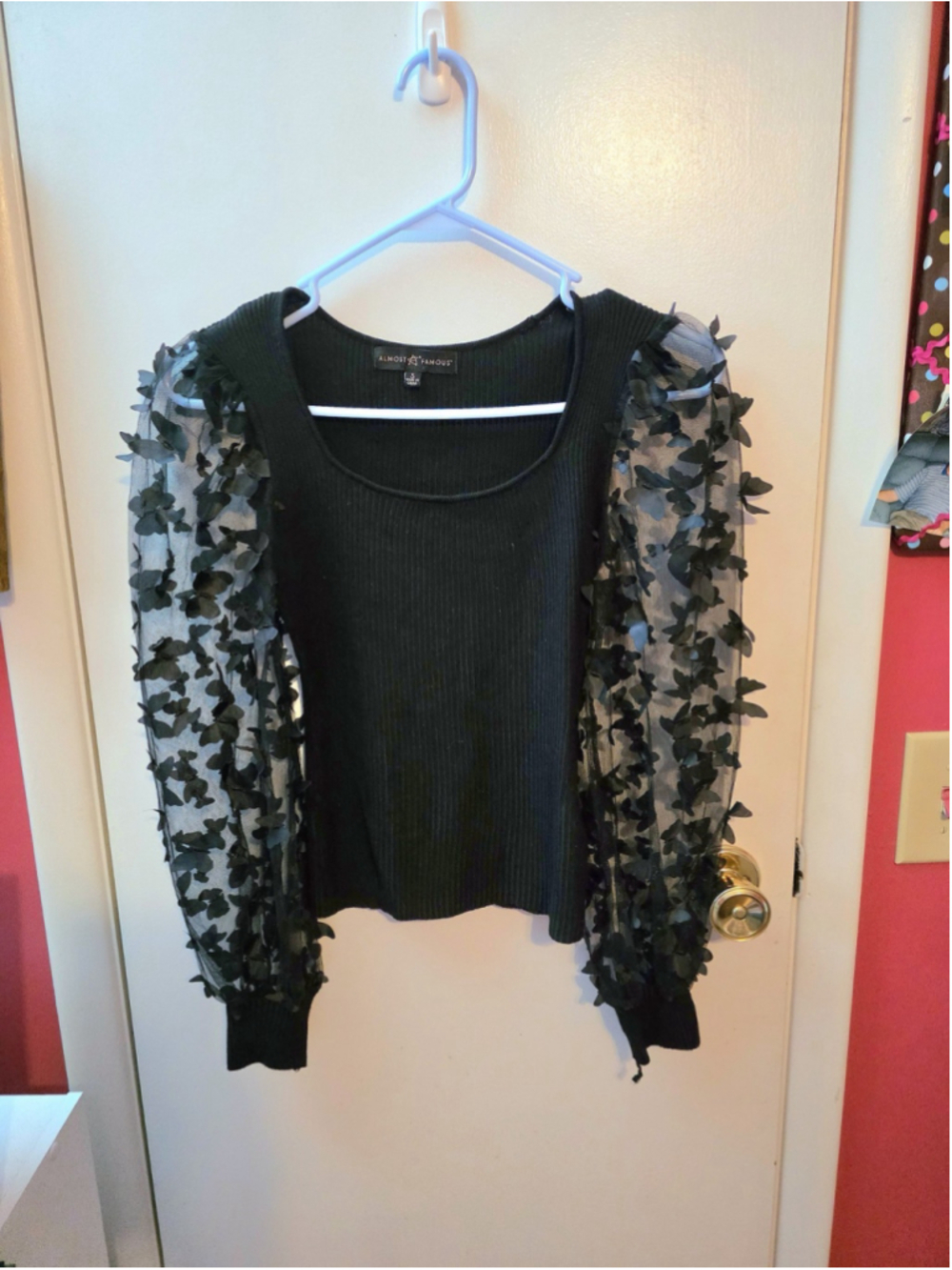 Almost Famous Black Butterfly Mesh Puff Sleeve Sweater - Size Small
